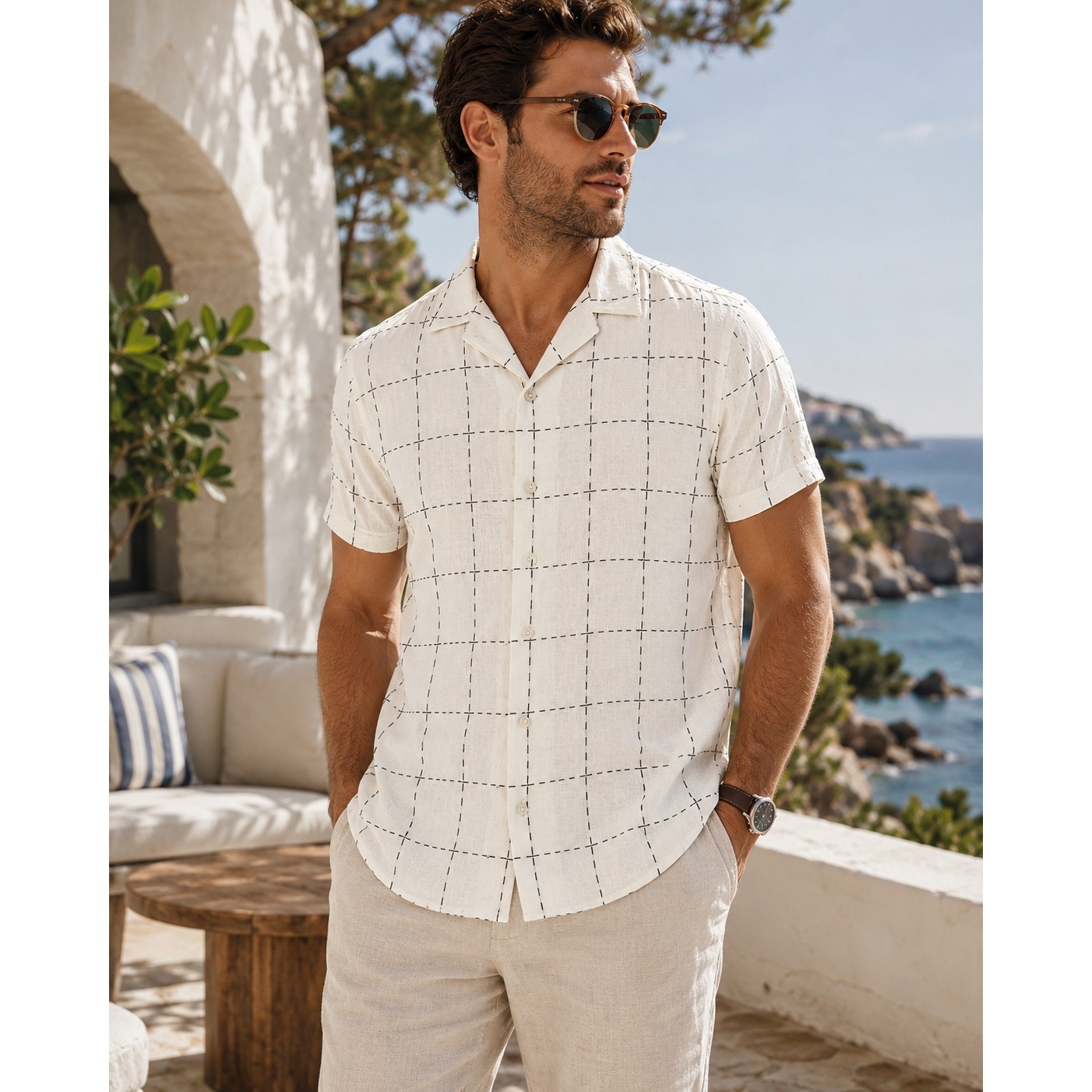 Ike Behar Linen Blend Shirt Mens L Short Sleeve Button Up Vacation Resort White